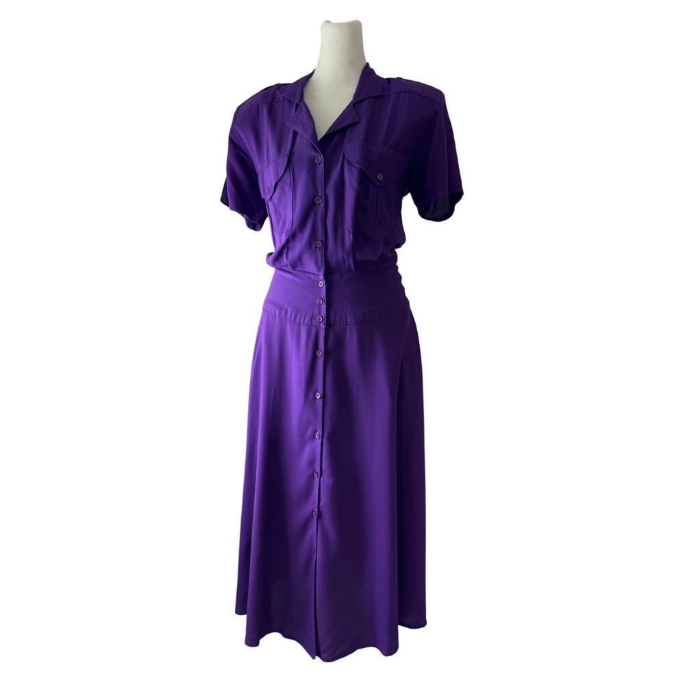Vintage ‘90s Alain Toussaint Purple Short Sleeve Midi Dress w/ Shoulder Pads